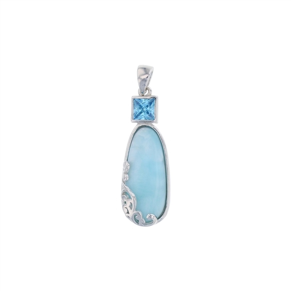 925 Sterling  Silver Larimar Freeform on Swirl Frame w Square Aqua CZ Pendant